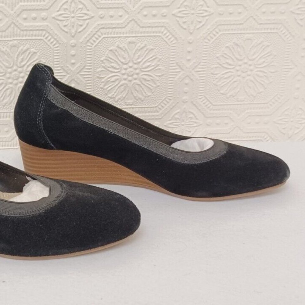 Land's End Black Suede Elastic Band Slip On Wedge Heel Shoes Size 9.5
